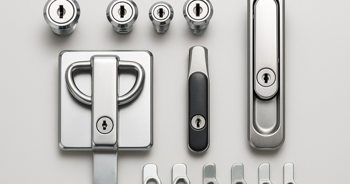 MS-series industrial cabinet locks: cylinder cam locks, folding T-handle panel latch and swing handle lock with steel cams