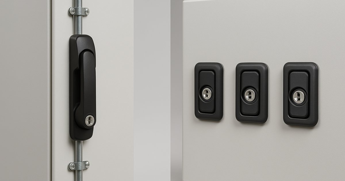 Swing handle lock with multi-point rods next to a row of flush compression latches on a gasketed enclosure door